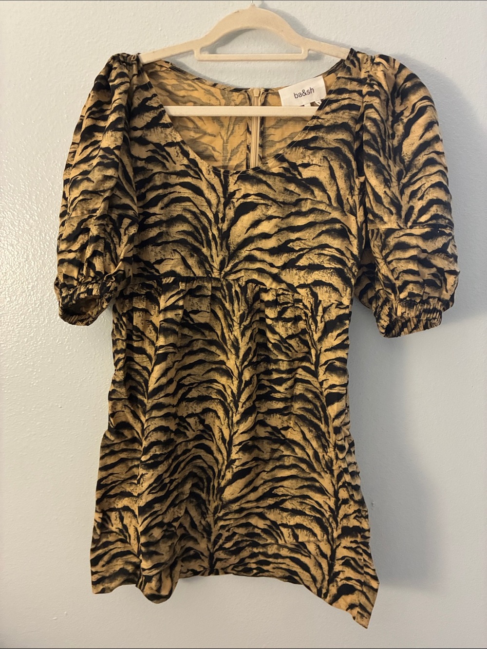ba&sh Black and Tan Tiger-Print Puff Sleeve Mini Dress